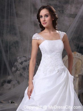 Square Train Satin and Organza Embriodery Decorated Wedding Dress